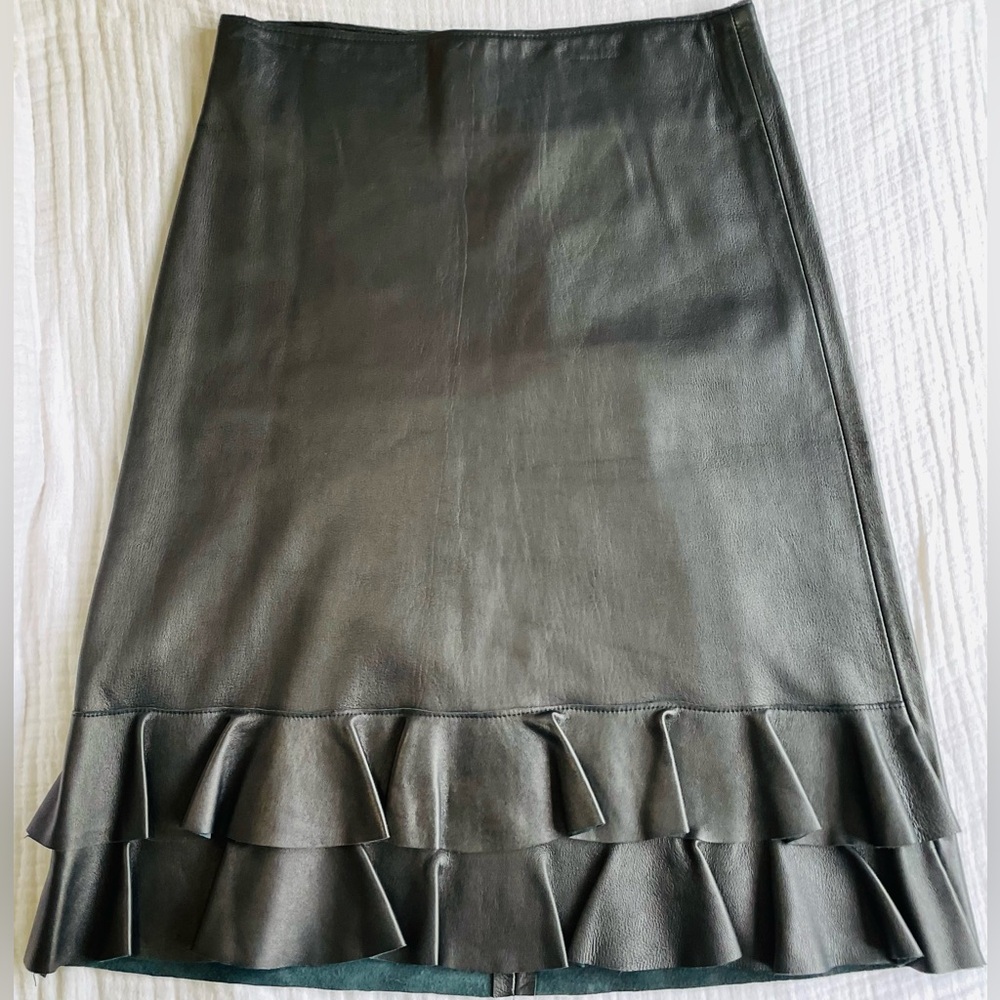 Women's Black Lambskin Leather Ruffle Hem Skirt